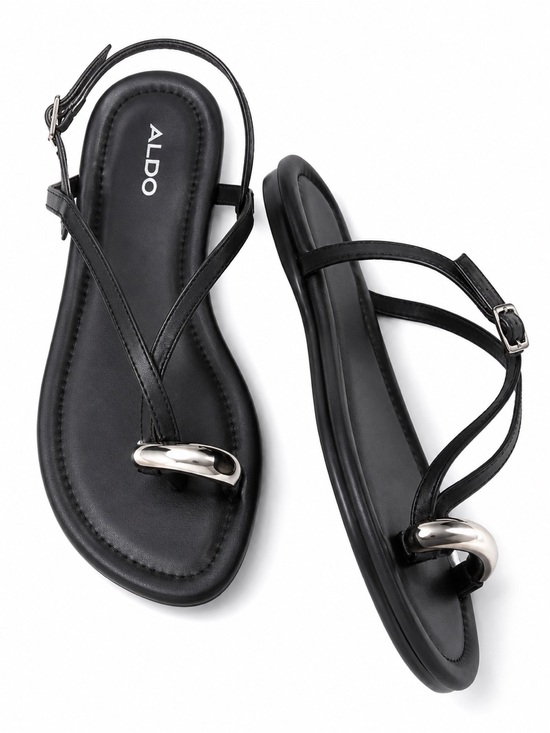 Aldo Shoes - NWT ALDO Black Strappy Flat Sandals Silver Hardware Ankle Strap Women’s 6.5